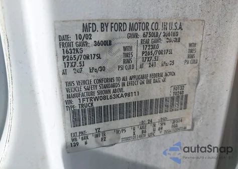 2003 Ford F-150 Lariat/Xlt from USA, damaged, VIN 1FTRW08L63KA98111